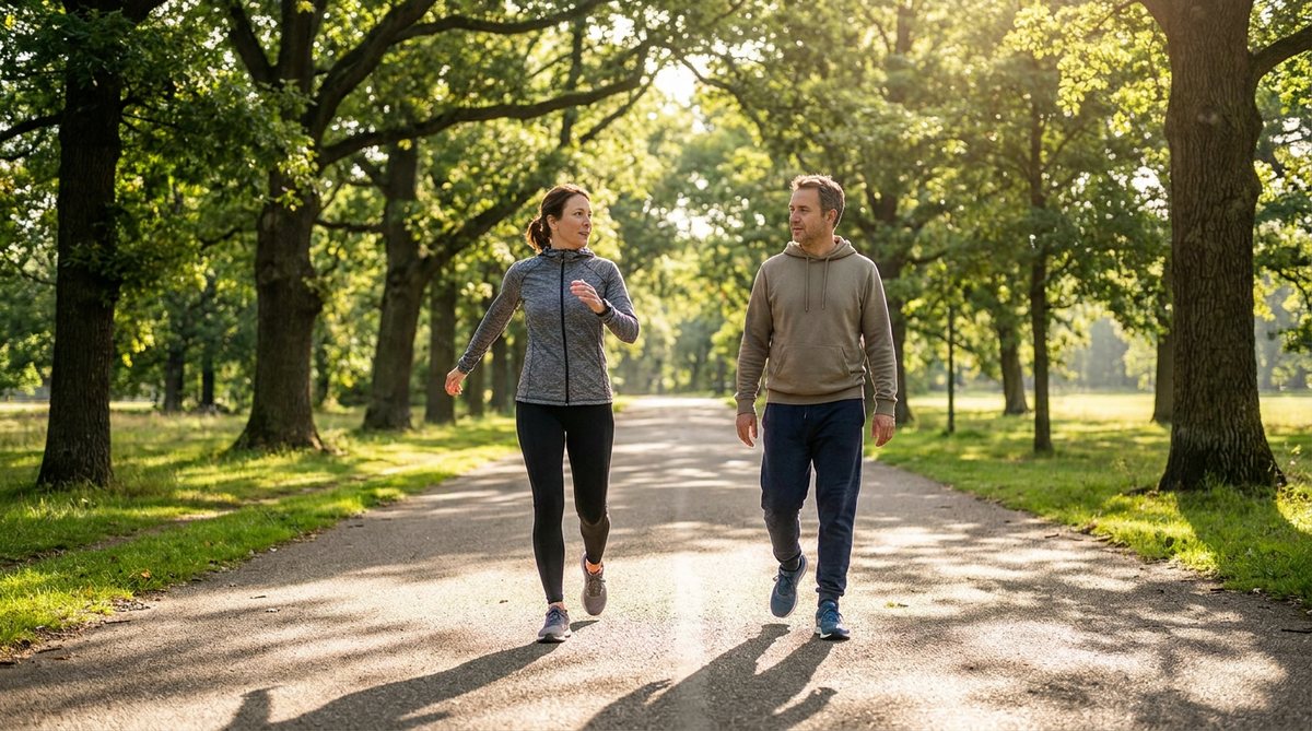 Two walkers alternating fast and slow pace on a park path