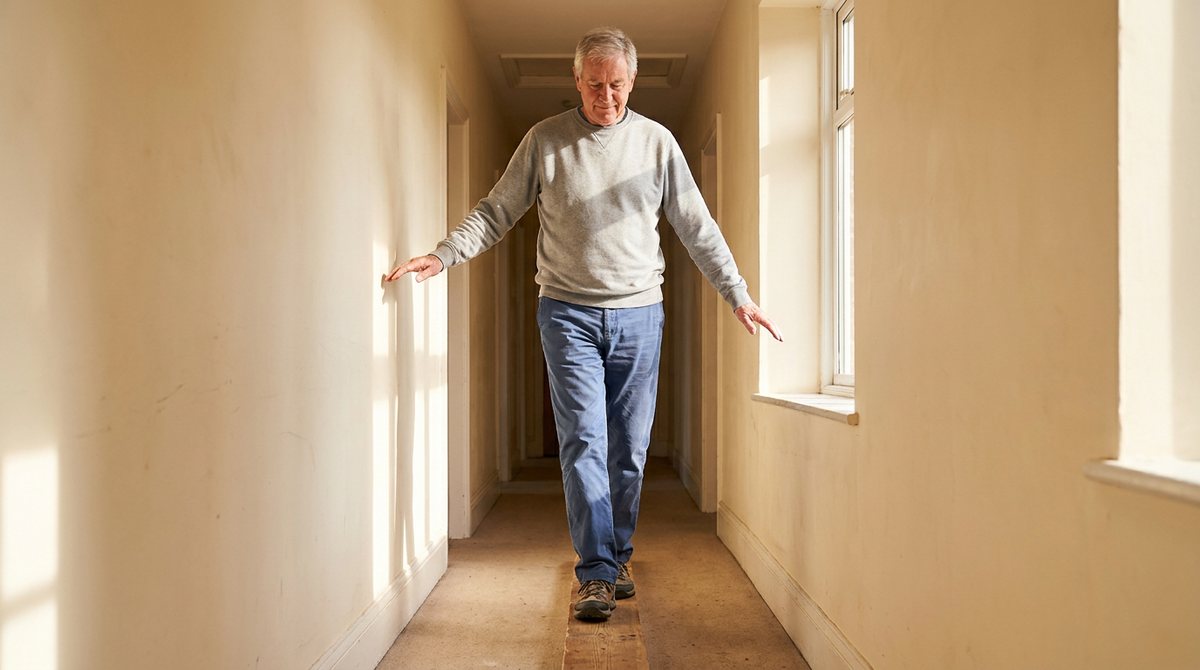 Older man walking one foot in front of the other along a narrow line in a sunlit hallway, arms out and fingertips near the wall