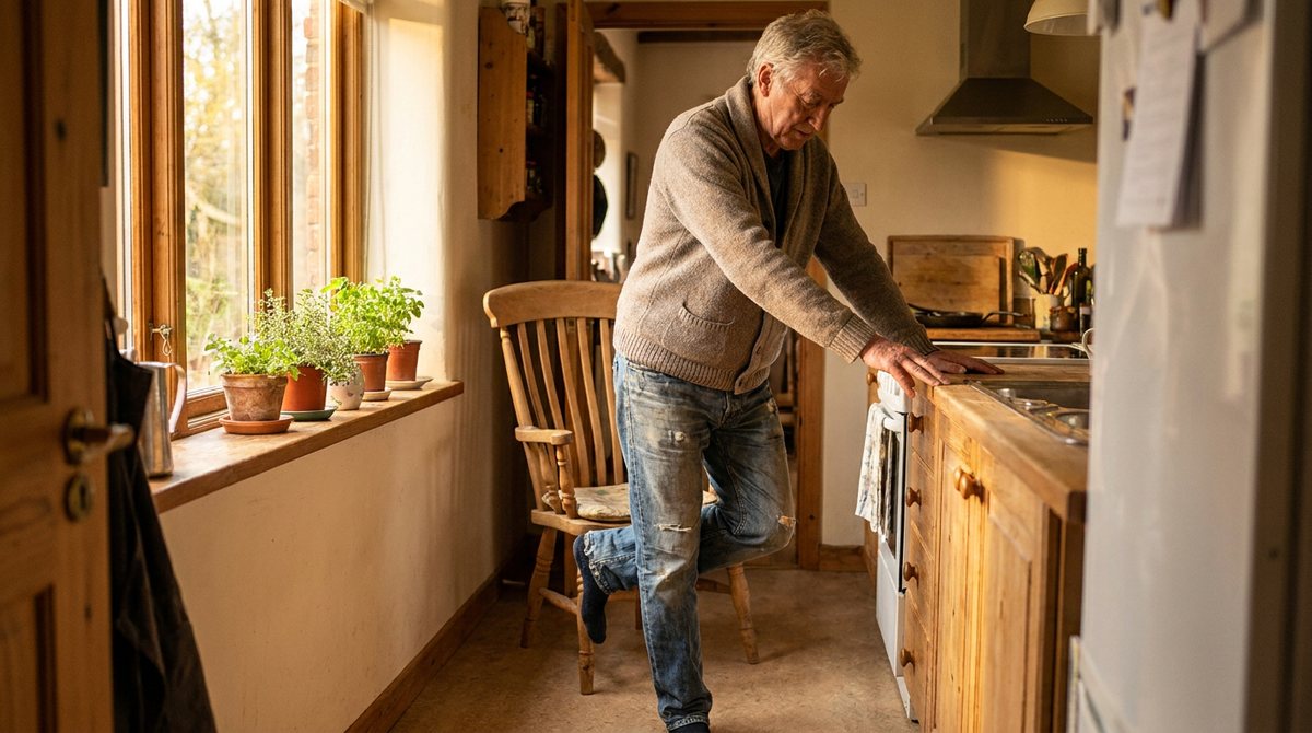 Older man resting both hands on a kitchen counter with one knee bent and the foot lifted behind him, a wooden chair close by