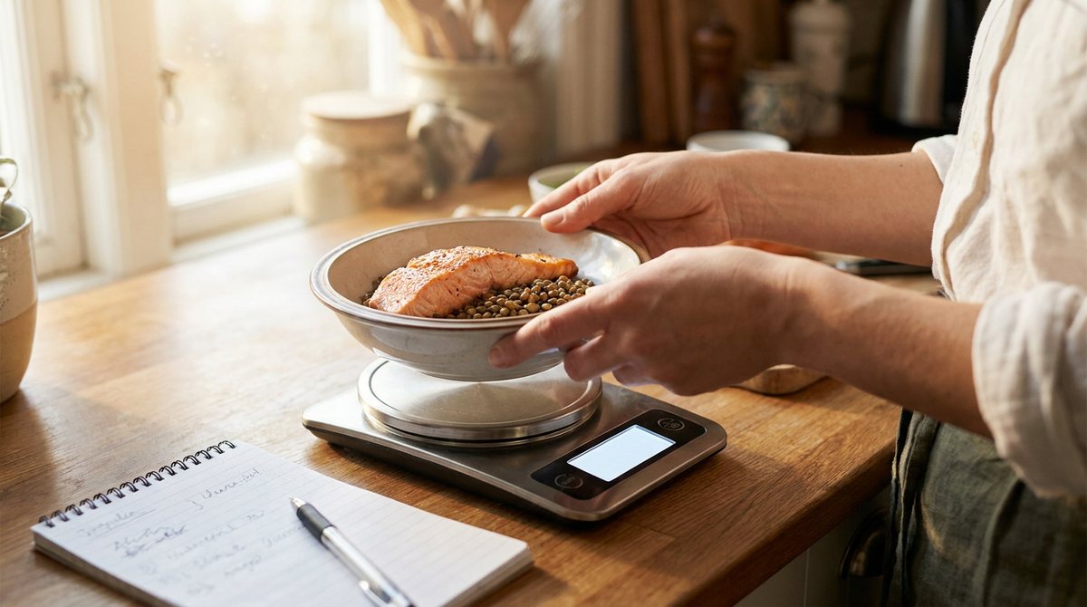 Person weighing a bowl of cooked salmon and lentils on a digital kitchen scale beside a notepad and pen