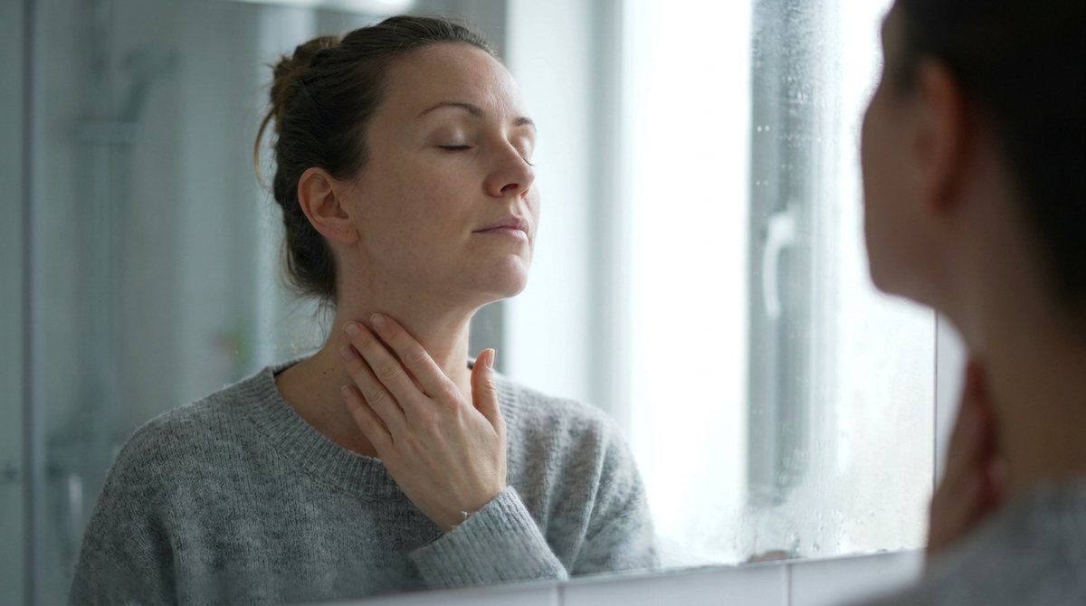 Woman with eyes closed doing self lymphatic drainage massage, fingertips stroking the side of her neck in front of a bathroom mirror