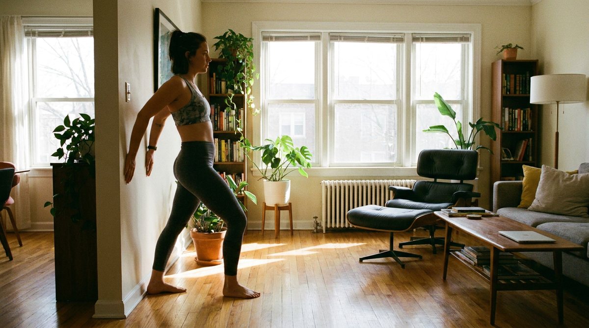 Woman in workout clothes doing a standing calf stretch in a sunlit living room, hands on the wall, back heel flat on the wood floor and front knee bent