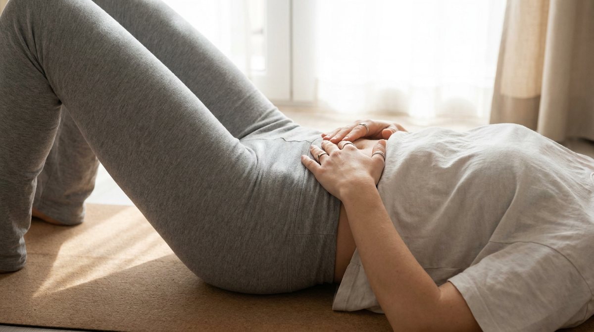 Close-up of a person lying on a mat with knees bent and both hands resting on the lower belly in soft daylight